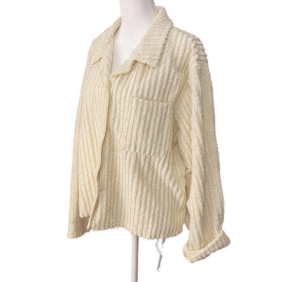 Ribbons & Spice Cream Long Sleeve Button Up Ribbed Detail Shirt Blouse Sz Large - Picture 2 of 9